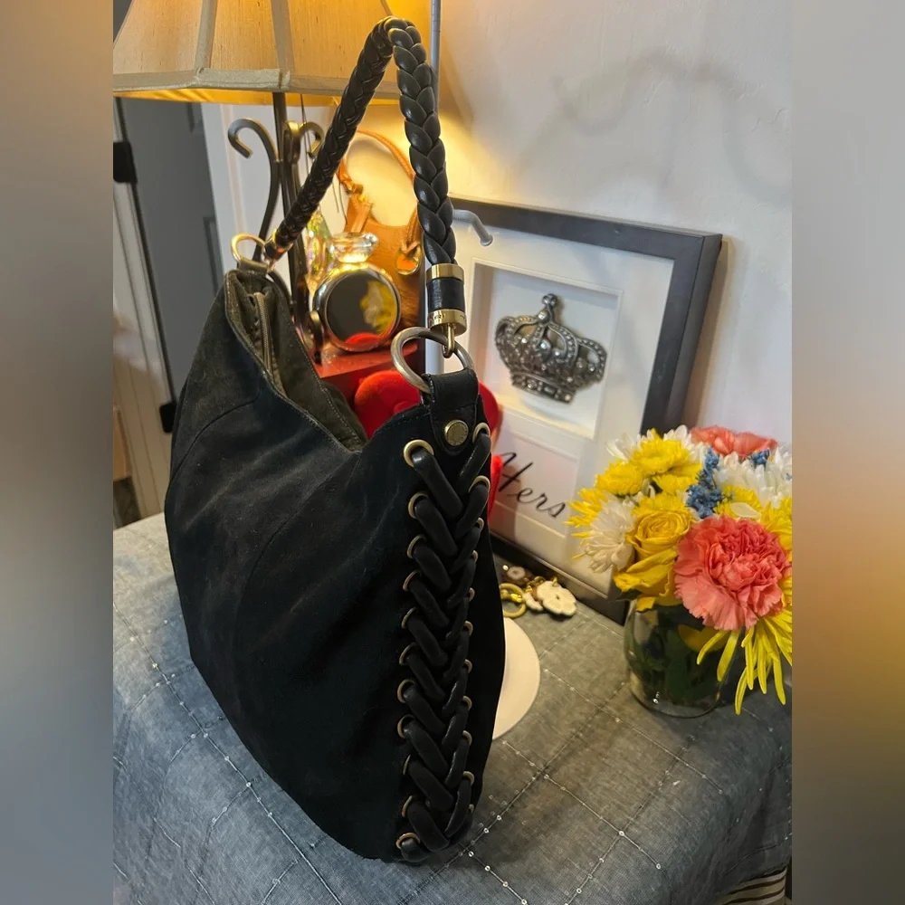Tahari Black Suede & Braided Braided Leather Shoulder Bag